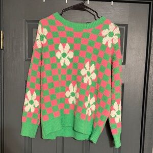 Pink Lily Checkered Floral Sweater in Pink and Green